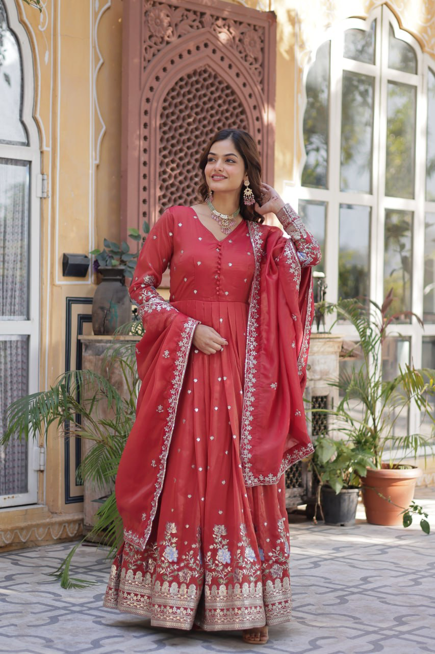 Handmade Red Anarkali Gown with Dupatta – Embroidered Indian Ethnic Dress for Women | Wedding & Party Wear Outfit from India (BLACKLUXE CRAFTS)