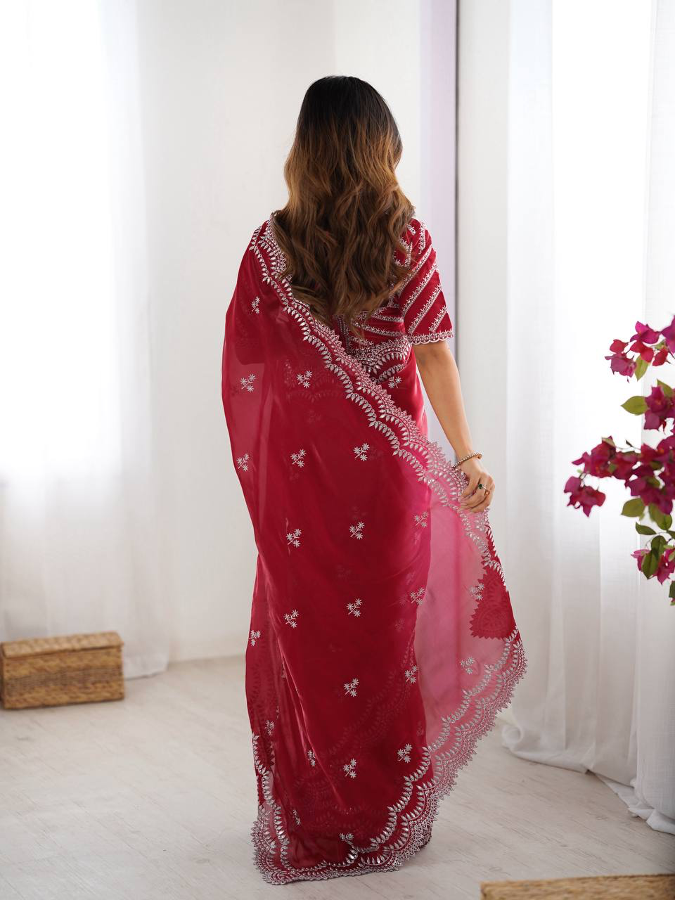 Handmade Red Georgette Saree with White Embroidery – Indian Ethnic Bridal & Party Wear – Elegant Designer Sari for Women Worldwide (BLACKLUXE CRAFTS)