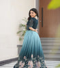 Women’s Elegant Teal & Aqua Ombre Gown with Floral Printed Flair & Embellished Bodice – Perfect for Summer Festivities & Parties (BLACK LUXE CRAFTS)