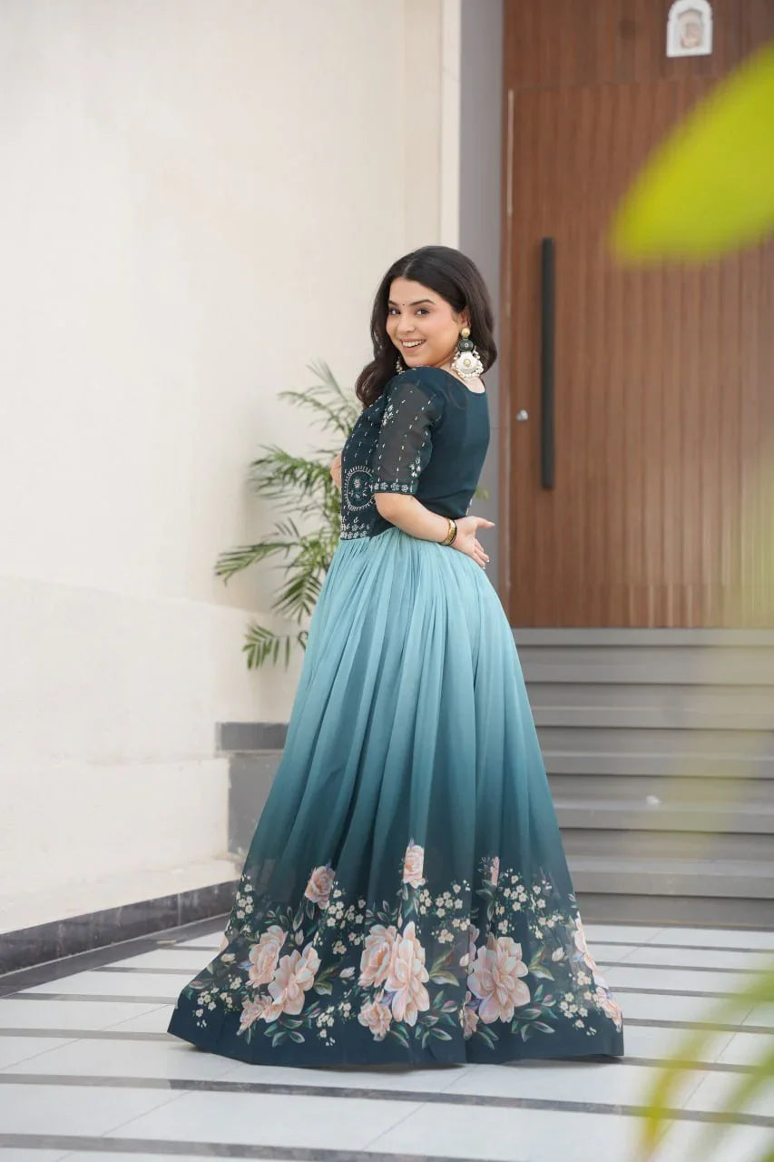 Women’s Elegant Teal & Aqua Ombre Gown with Floral Printed Flair & Embellished Bodice – Perfect for Summer Festivities & Parties (BLACK LUXE CRAFTS)
