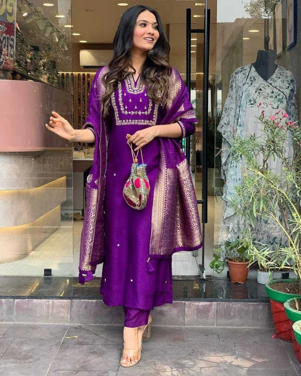 Women’S And Girls Wear Purple Color Roman Silk Embroidered Work A-Line Kurta, Pant and Dupatta Set Size-L (BLACK LUXE CRAFTS) - BLACKLUXECRAFTS