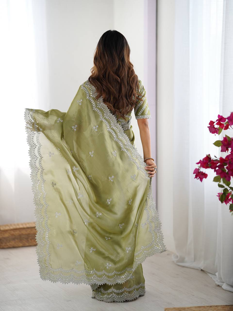 Handmade Olive Green Chikankari Embroidered Saree – Pure Georgette Traditional Indian Saree with Blouse | Wedding, Party & Ethnic Wear (BLACKLUXE CRAFTS)