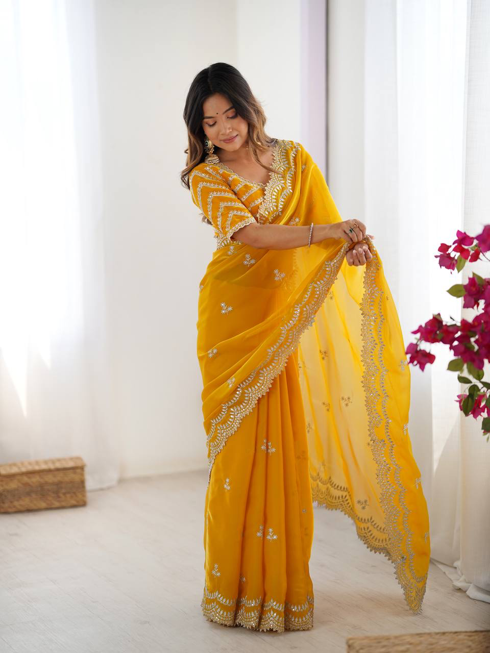 Handmade Yellow Georgette Saree with Intricate Embroidery | Indian Ethnic Designer Sari for Wedding & Party Wear – Made in India (BLACKLUXE CRAFTS)