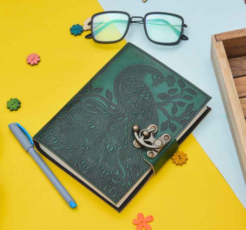 Handmade Green Leather Journal with Peacock Embossing – Vintage Lock Diary for Writing, Sketching & Gifting (BLACKLUXE CRAFTS) - BLACKLUXECRAFTS