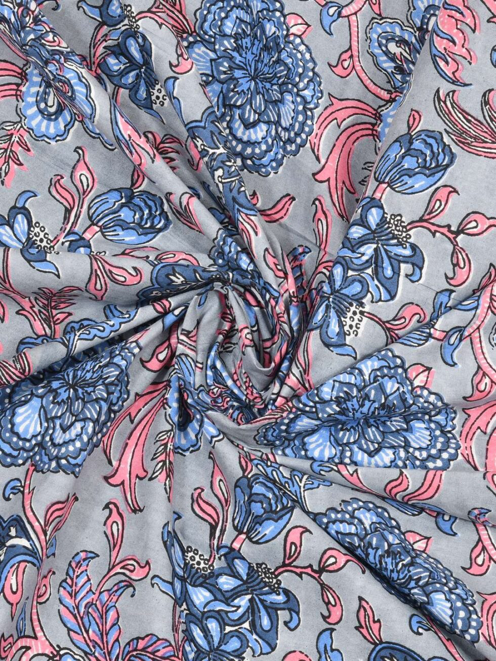 Handmade Cotton Floral Block Print Bed Sheet Set with Pillow Covers – King Size Indian Jaipuri Bedsheet – Grey Blue Traditional Handcrafted Bedding (BLACKLUXE CRAFTS) - BLACKLUXECRAFTS