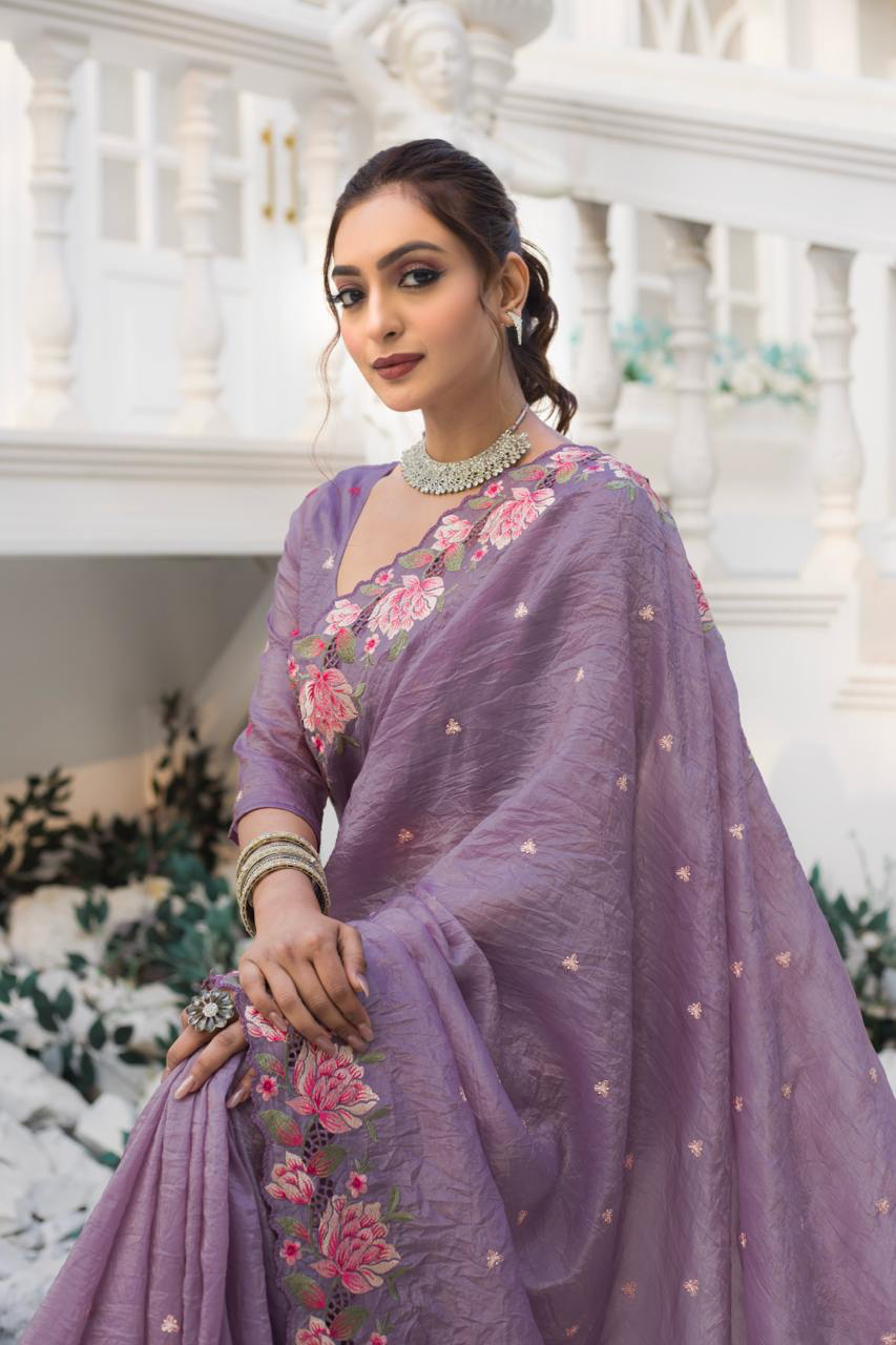 Handmade Lavender Organza Saree with Pink Floral Embroidery | Ethnic Indian Wedding Saree | Lightweight Party Wear Saree for Women (BLACKLUXE CRAFTS)
