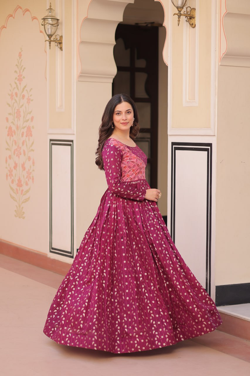 Handmade Indian Anarkali Maxi Dress – Maroon Silk Blend Gown with Gold Print | Long Ethnic Party Wear | Designer Women’s Outfit from India (BLACKLUXE CRAFTS)