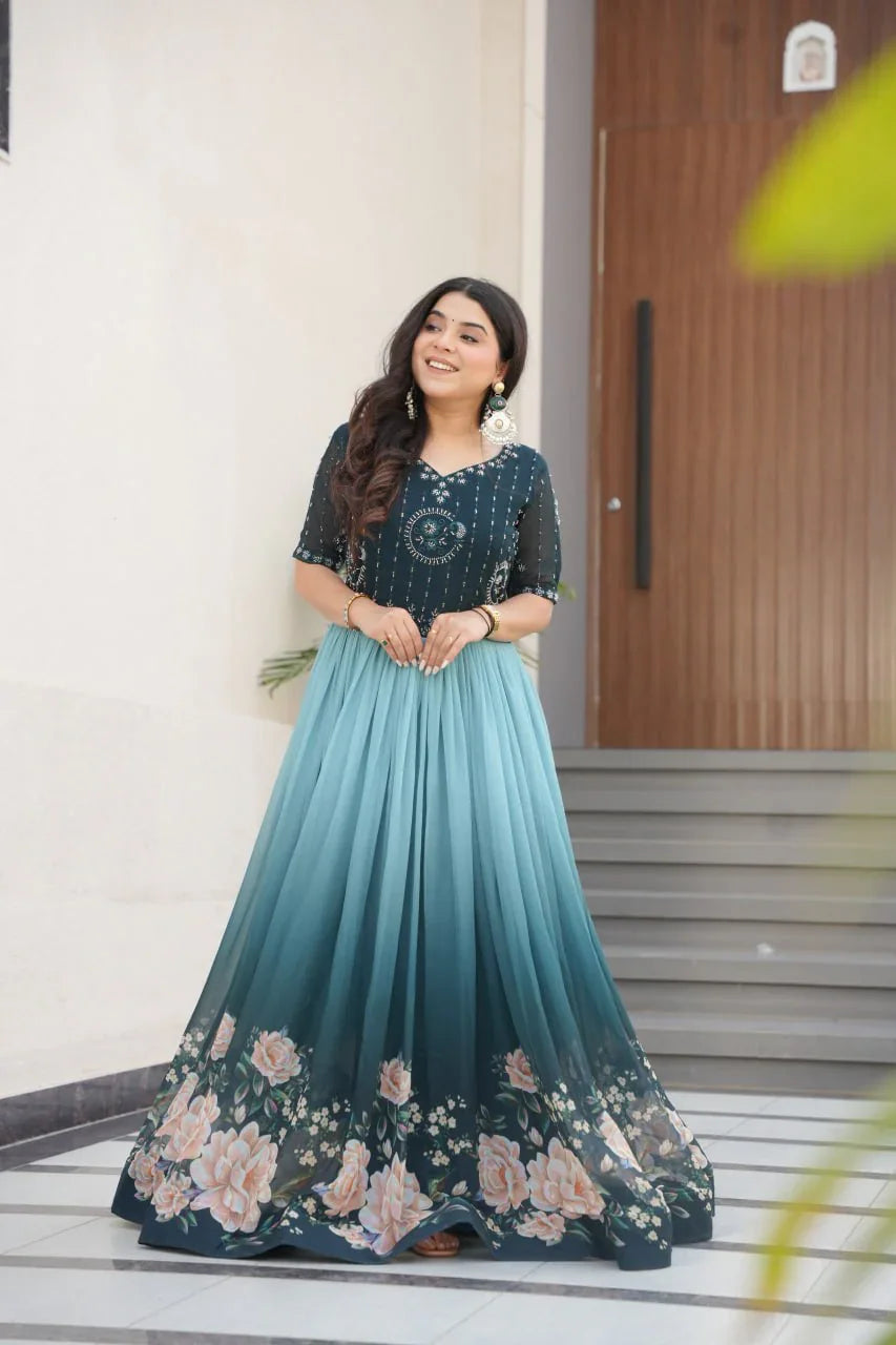 Women’s Elegant Teal & Aqua Ombre Gown with Floral Printed Flair & Embellished Bodice – Perfect for Summer Festivities & Parties (BLACK LUXE CRAFTS)