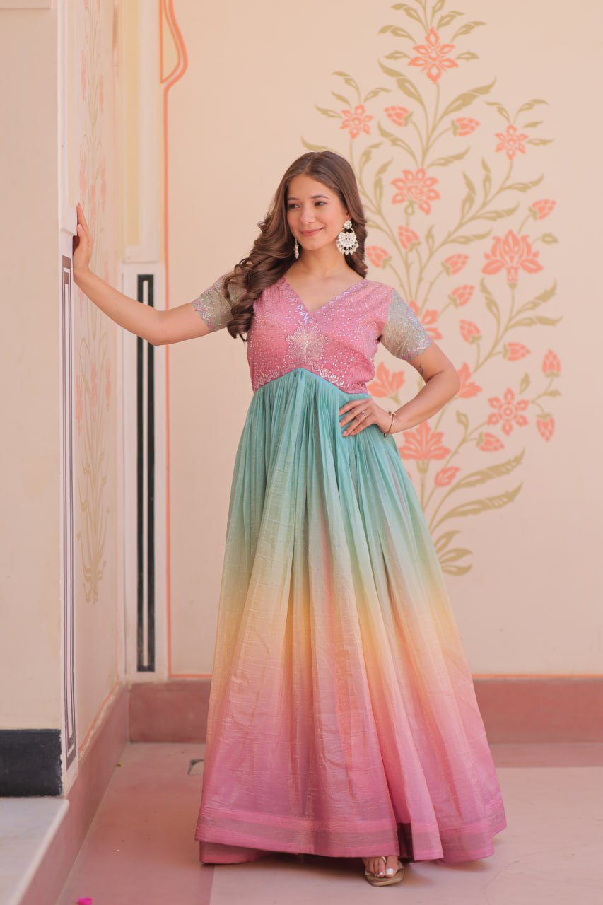 Handmade Ombre Anarkali Dress – Indian Ethnic Party Wear Long Gown | Women’s Traditional Festive Outfit (BLACKLUXE CRAFTS) - BLACKLUXECRAFTS
