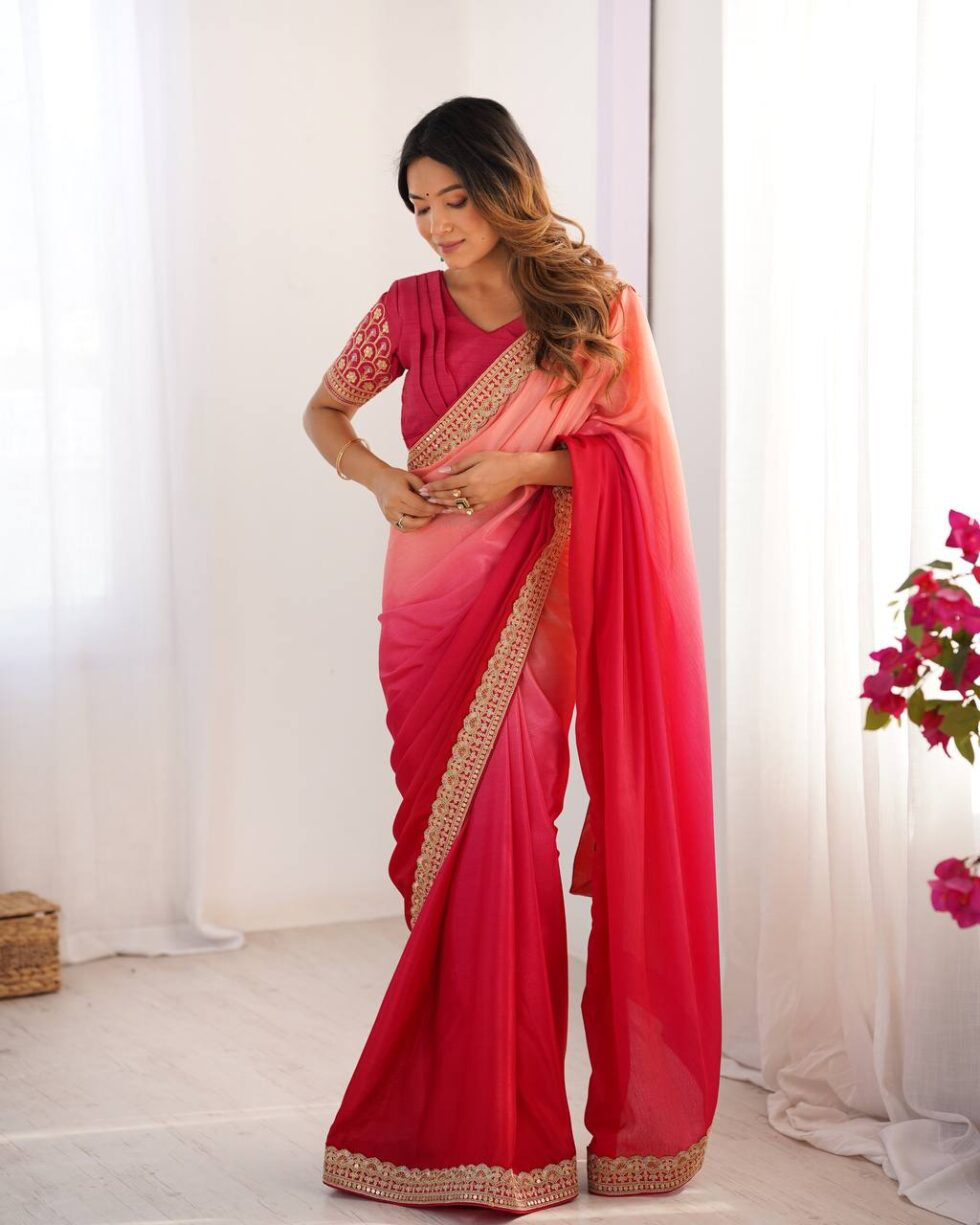 Handmade Pink Ombre Silk Saree with Golden Embroidered Border | Indian Ethnic Party Wear Sari for Women | Festival & Wedding Outfit (BLACKLUXE CRAFTS)