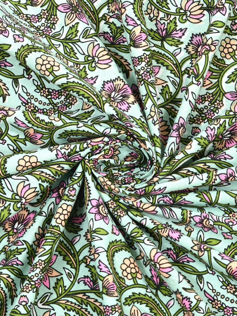 Handmade Cotton Floral Bedsheet with Pillow Covers – Green Pink Block Print King Size Bedspread | Indian Handcrafted Bedding (BLACKLUXE CRAFTS) - BLACKLUXECRAFTS