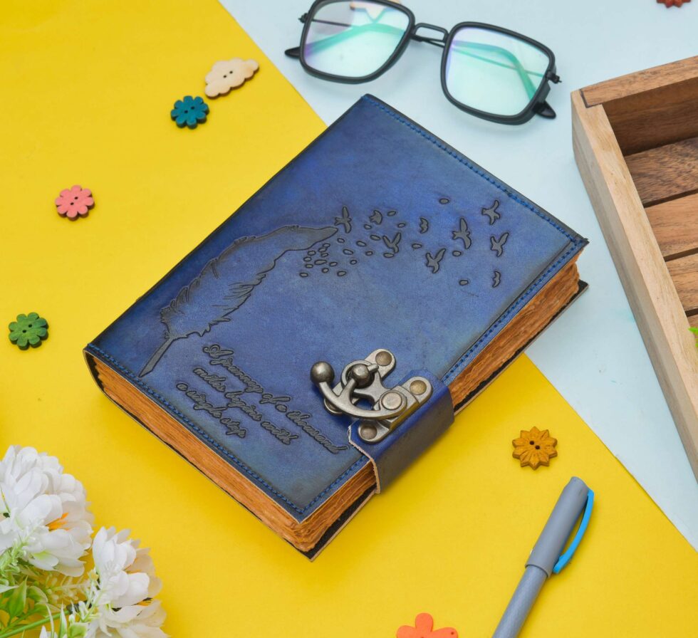 Blue Leather Journal with Feather & Birds – Inspirational Quote Notebook with Lock | Handmade Diary for Writing, Travel, Gifts & Students (BLACKLUXE CRAFTS) - BLACKLUXECRAFTS