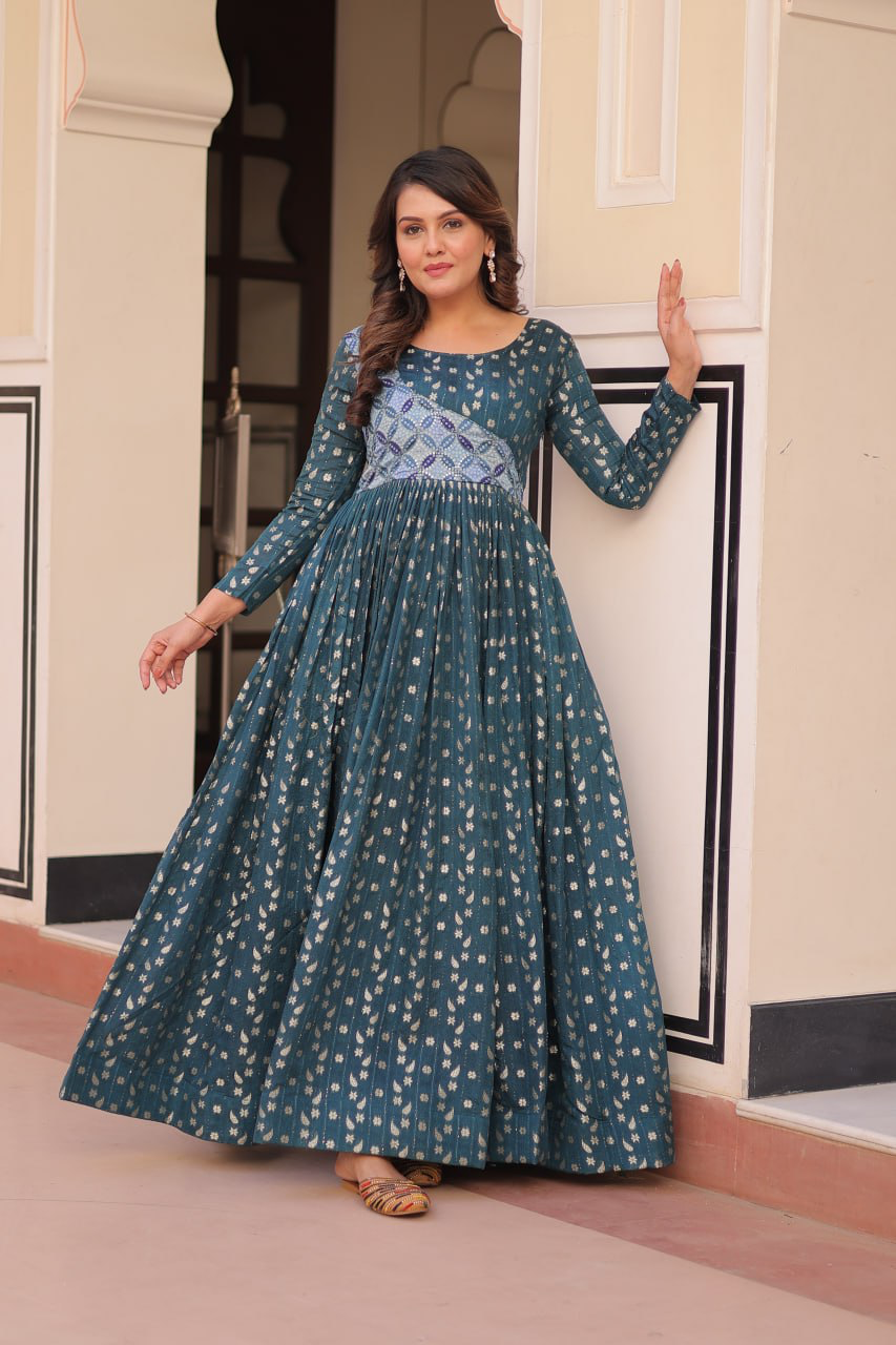 Handmade Indian Anarkali Gown – Maroon Long Maxi Dress with Gold Print | Ethnic Party Wear | Traditional Women’s Outfit from India (BLACKLUXE CRAFTS)