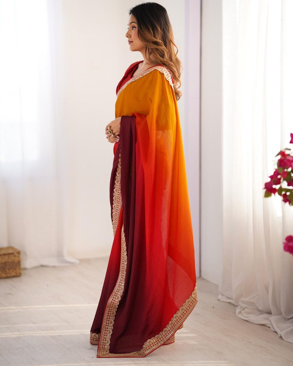 Handmade Designer Ombre Saree in Red & Yellow – Indian Traditional Wedding & Party Wear – Handcrafted Ethnic Saree for Women (BLACKLUXE CRAFTS)
