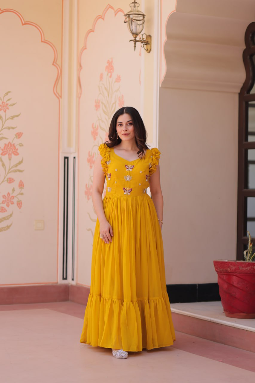 Handmade Mustard Yellow Maxi Dress – Ethnic Indian Embroidered Butterfly Gown | Boho Party Wear Long Dress for Women (BLACKLUXE CRAFTS) - BLACKLUXECRAFTS