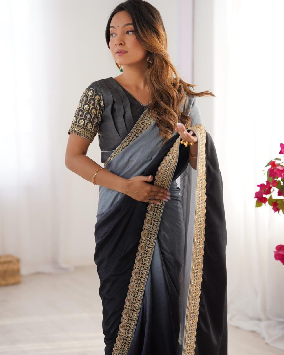Handmade Black & Grey Saree with Golden Border – Elegant Indian Ethnic Wear – Wedding & Party Wear Saree – Artisan Crafted from India (BLACKLUXE CRAFTS)