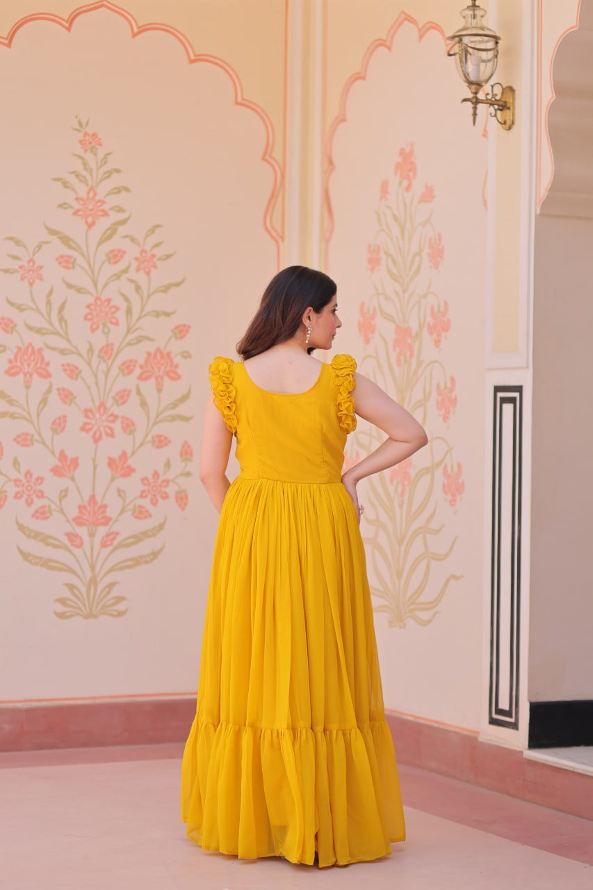 Handmade Mustard Yellow Maxi Dress – Ethnic Indian Embroidered Butterfly Gown | Boho Party Wear Long Dress for Women (BLACKLUXE CRAFTS) - BLACKLUXECRAFTS