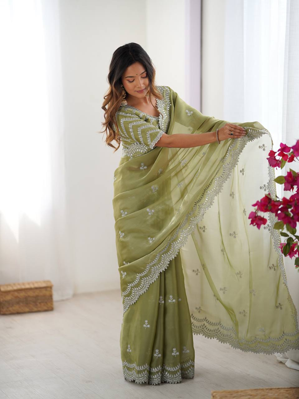Handmade Olive Green Chikankari Embroidered Saree – Pure Georgette Traditional Indian Saree with Blouse | Wedding, Party & Ethnic Wear (BLACKLUXE CRAFTS)