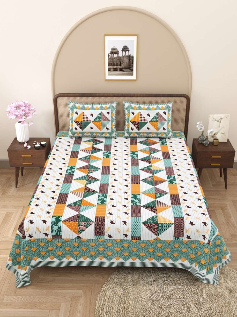 Handmade Cotton Patchwork Bedsheet with Pillow Covers – Traditional Indian Jaipuri Block Print Bedspread – Queen/King Size Bedding Set (BLACKLUXE CRAFTS) - BLACKLUXECRAFTS