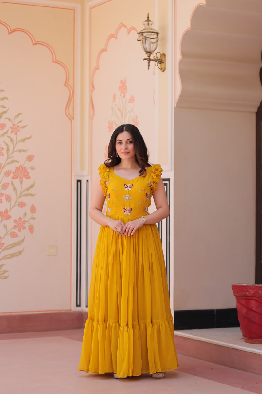 Handmade Mustard Yellow Maxi Dress – Ethnic Indian Embroidered Butterfly Gown | Boho Party Wear Long Dress for Women (BLACKLUXE CRAFTS) - BLACKLUXECRAFTS