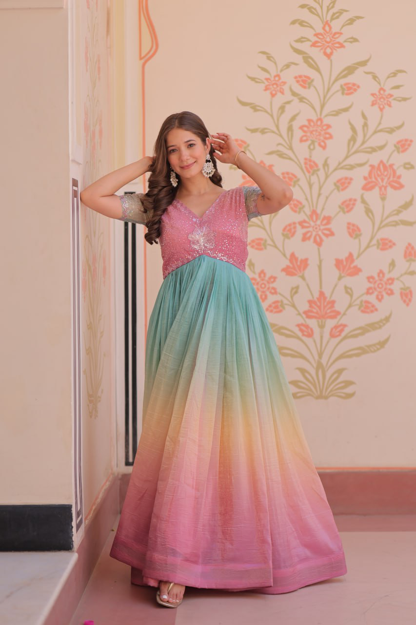 Handmade Ombre Anarkali Dress – Indian Ethnic Party Wear Long Gown | Women’s Traditional Festive Outfit (BLACKLUXE CRAFTS) - BLACKLUXECRAFTS
