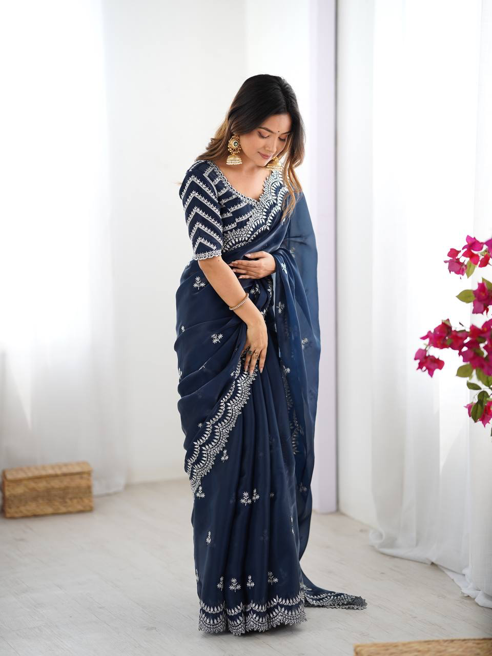 Handmade Navy Blue Embroidered Saree – Elegant Georgette Indian Ethnic Wear | Traditional Party & Wedding Saree for Women Worldwide (BLACKLUXE CRAFTS)