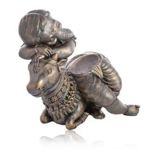 Handmade Baby Ganesha with Cow Idol | Indian Brass Finish Decorative Statue | Hindu God Figurine for Home Temple & Spiritual Gift (BLACKLUXE CRAFTS) - BLACKLUXECRAFTS