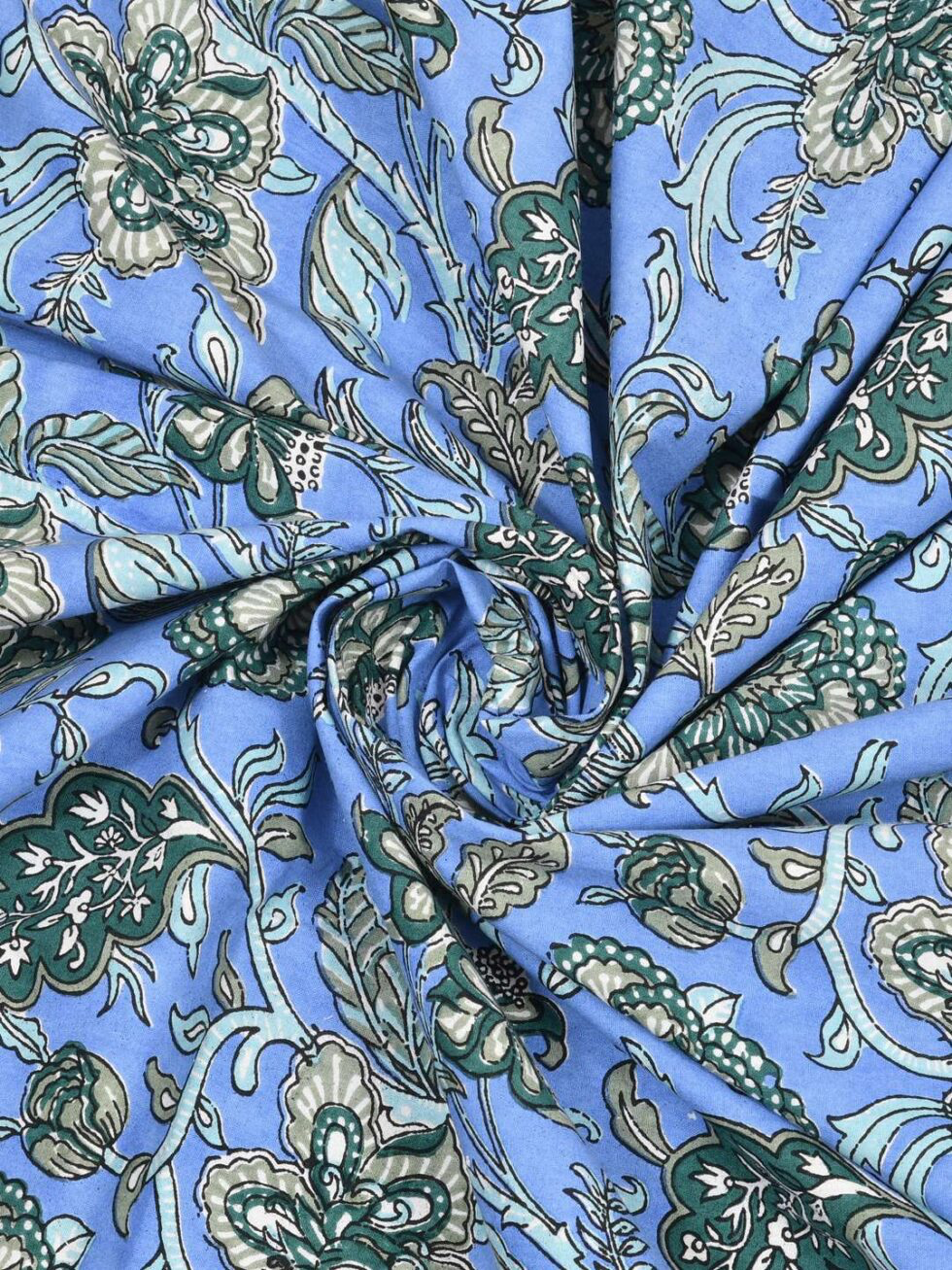 Handmade Cotton Bedsheet with Pillow Covers – Blue Floral Block Print King Size Bedspread from India (BLACKLUXE CRAFTS) - BLACKLUXECRAFTS