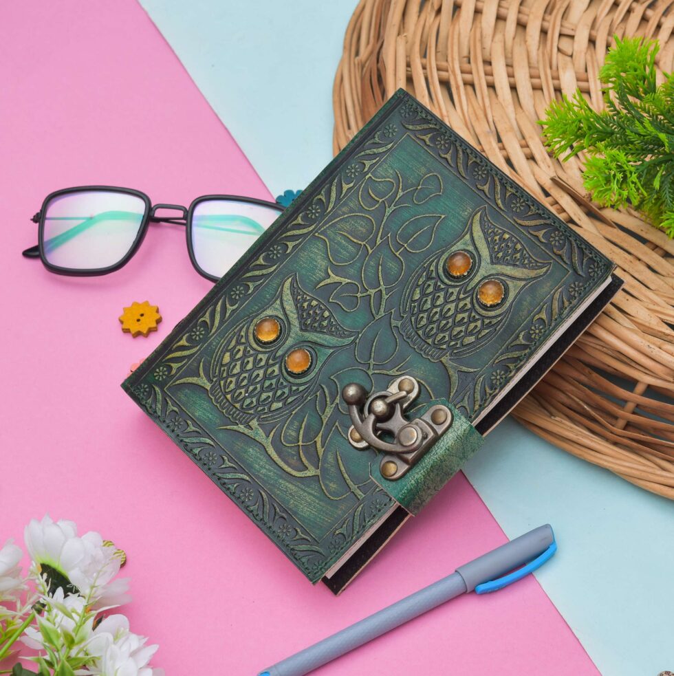 Handmade Green Leather Journal with Owl Embossing – Vintage Lock Diary for Writing, Sketching & Gifting (BLACKLUXE CRAFTS) - BLACKLUXECRAFTS