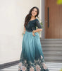 Women’s Elegant Teal & Aqua Ombre Gown with Floral Printed Flair & Embellished Bodice – Perfect for Summer Festivities & Parties (BLACK LUXE CRAFTS)
