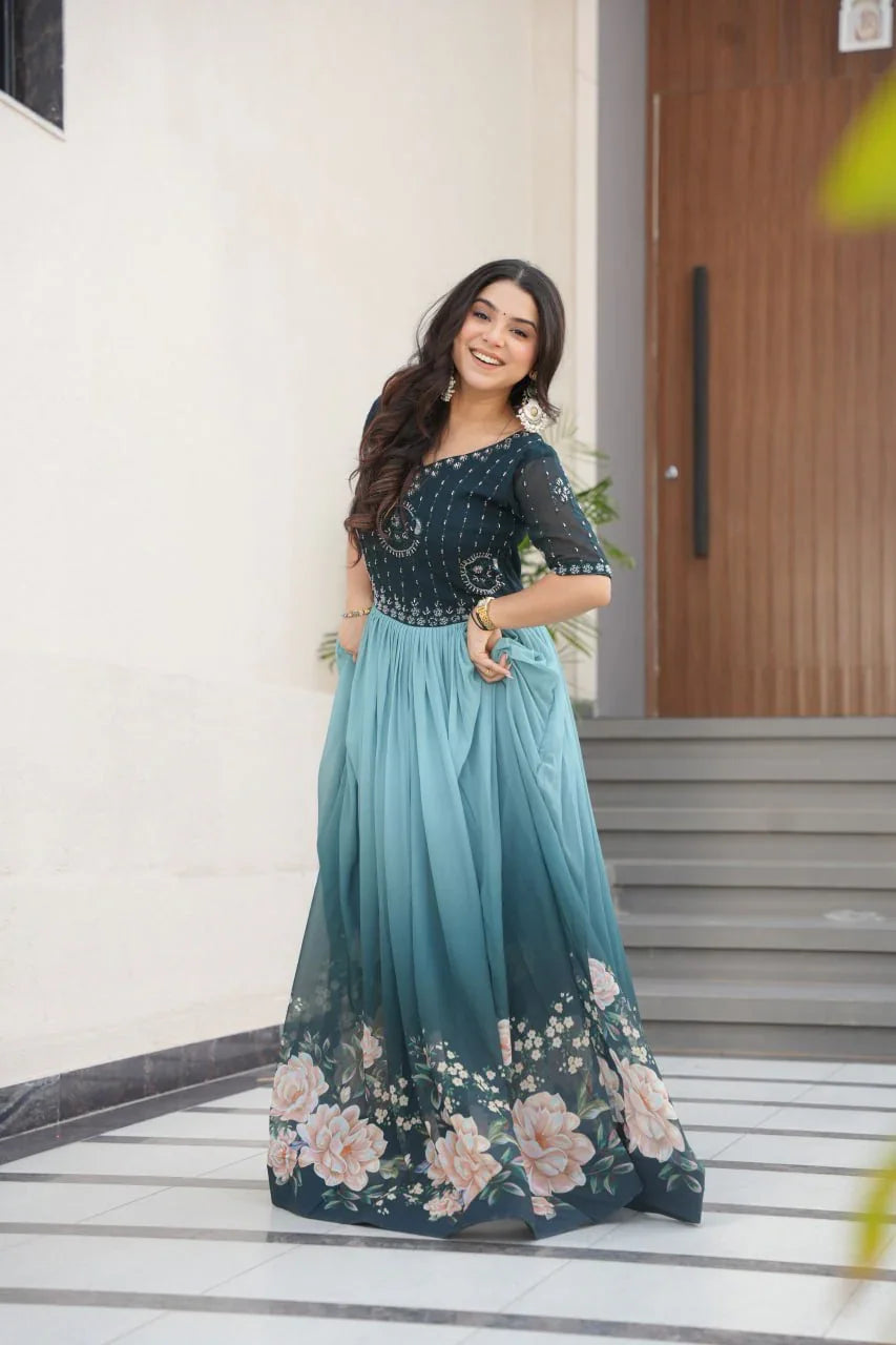 Women’s Elegant Teal & Aqua Ombre Gown with Floral Printed Flair & Embellished Bodice – Perfect for Summer Festivities & Parties (BLACK LUXE CRAFTS)