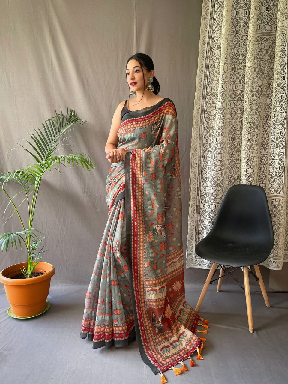 Handmade Grey Indian Saree – Traditional Block Print Cotton Silk Sari with Ethnic Motifs | Artisan Crafted Sustainable Fashion from India (BLACKLUXE CRAFTS)