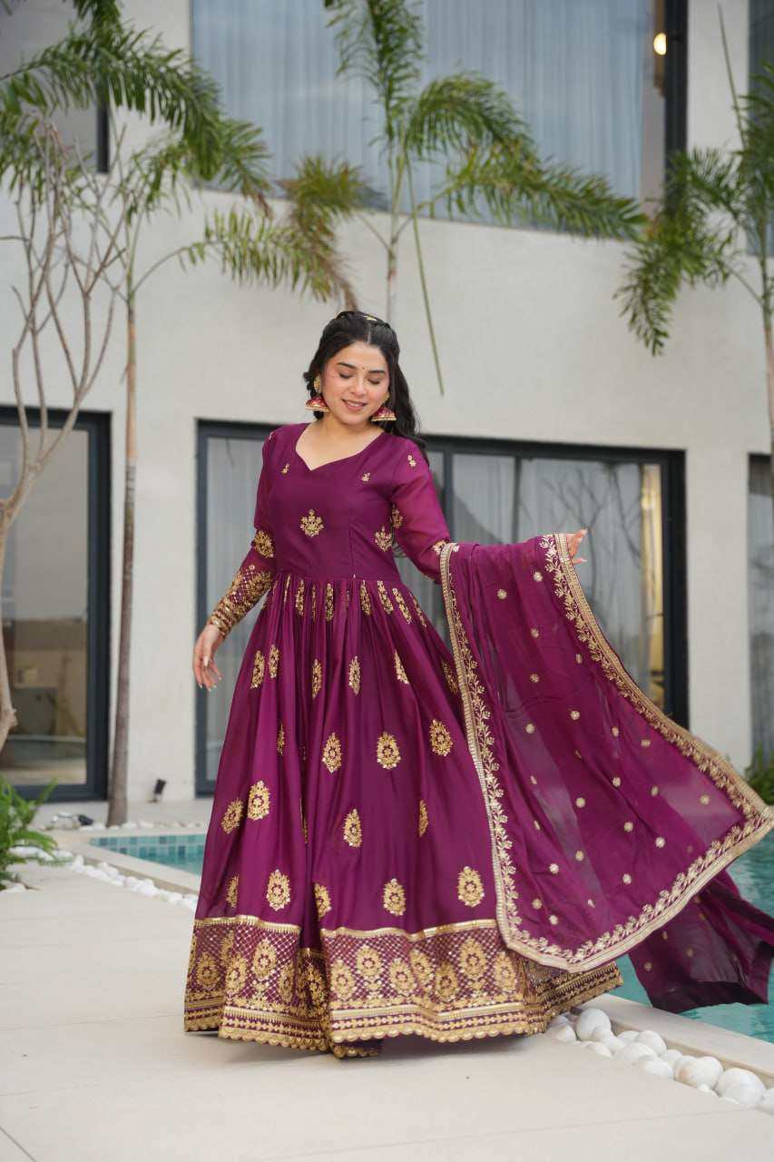 Handmade Purple Anarkali Gown with Dupatta | Indian Embroidered Ethnic Dress | Wedding & Party Wear Outfit for Women (BLACKLUXE CRAFTS)