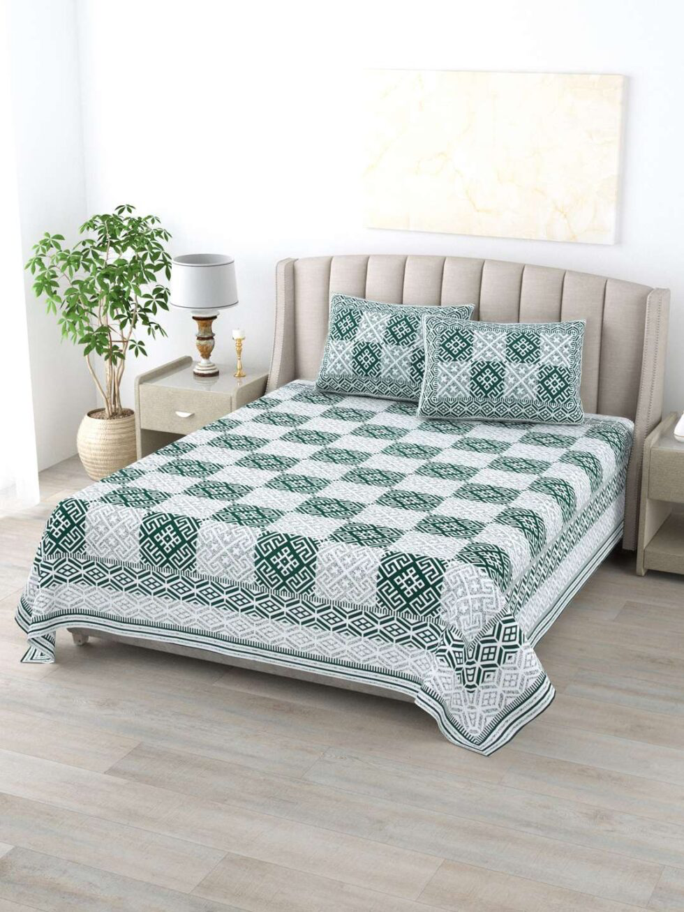 Handmade Cotton Double Bedsheet with Pillow Covers – Green & White Block Print | Indian Ethnic Bedding Set for King/Queen Size | Artisan Home Décor (BLACKLUXE CRAFTS) - BLACKLUXECRAFTS