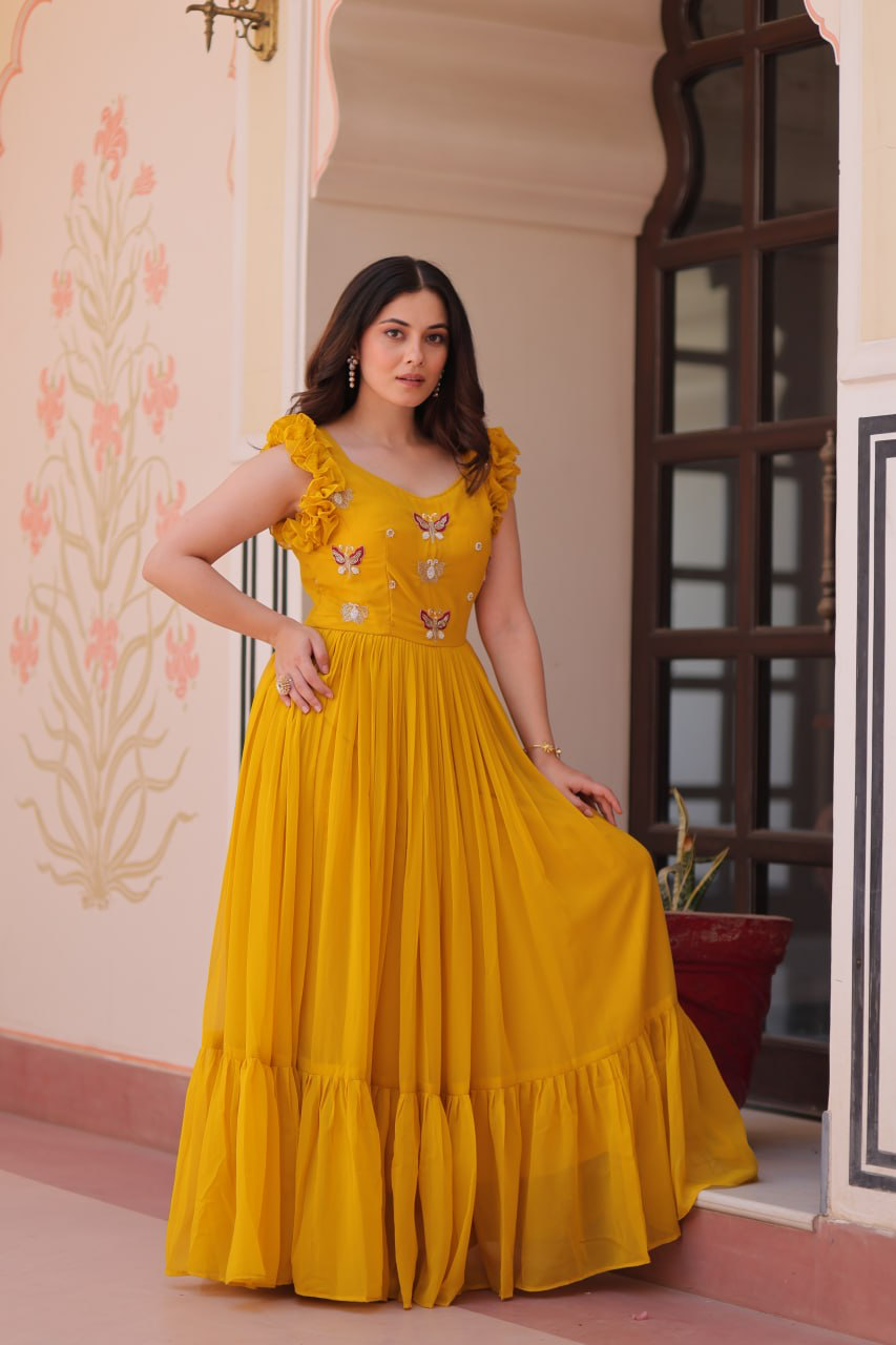 Handmade Mustard Yellow Maxi Dress – Ethnic Indian Embroidered Butterfly Gown | Boho Party Wear Long Dress for Women (BLACKLUXE CRAFTS) - BLACKLUXECRAFTS