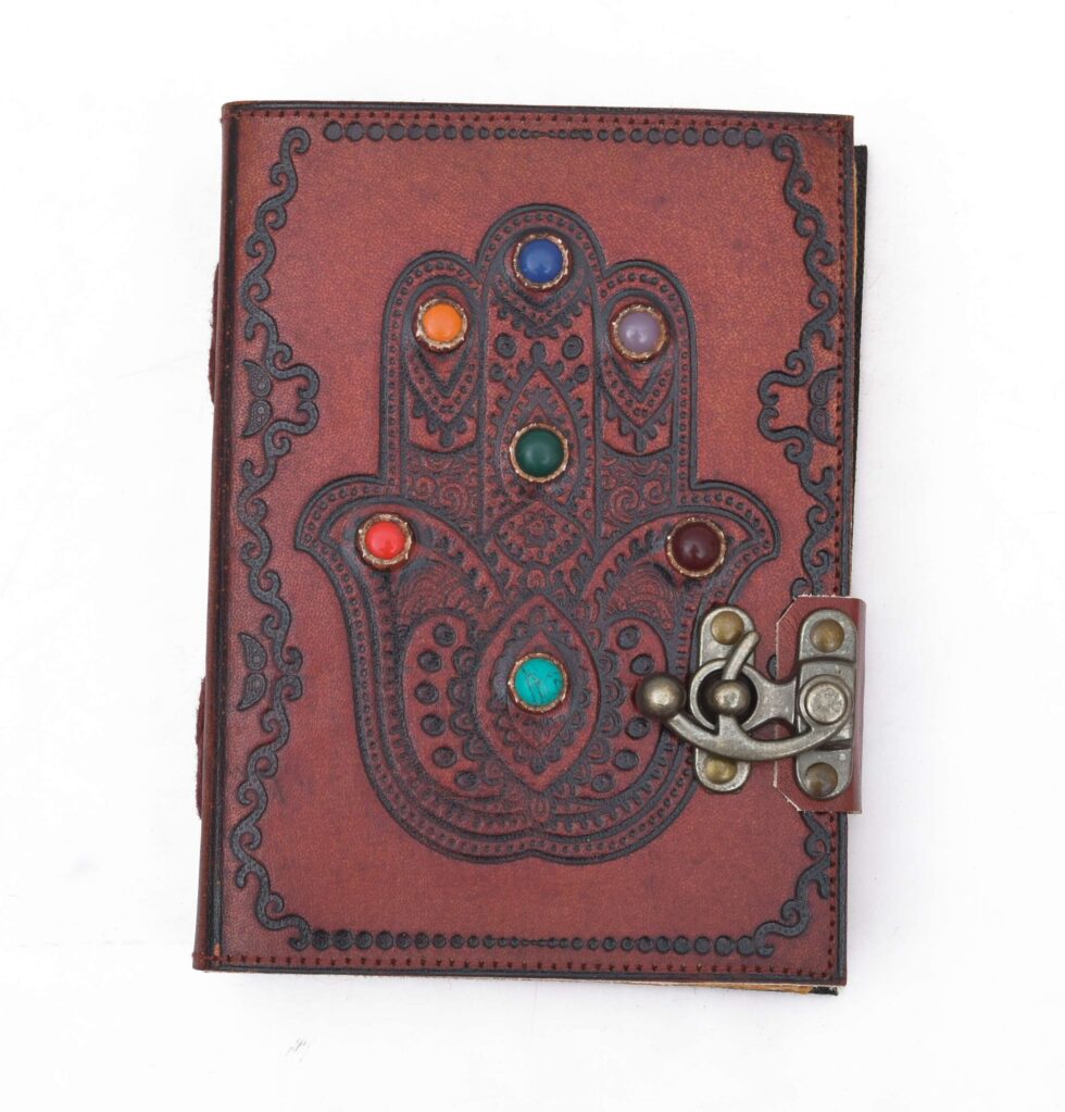 Hamsa Hand Leather Journal – Handmade Notebook with 7 Chakra Stones & Vintage Lock | Spiritual Boho Diary, Wiccan Grimoire, Reiki Gift (BLACKLUXE CRAFTS) - BLACKLUXECRAFTS