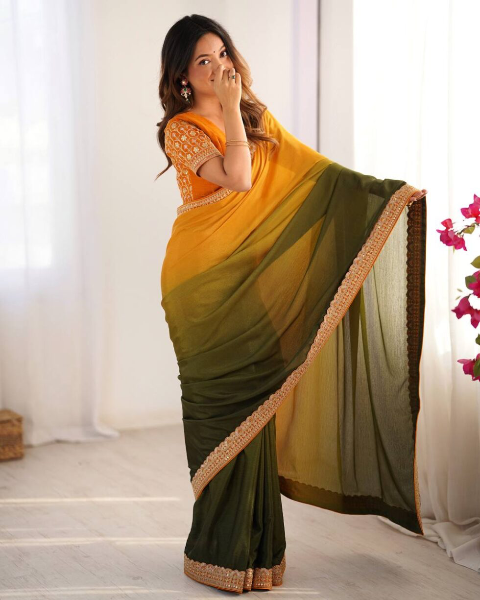 Handmade Indian Ombre Saree – Yellow & Green Gradient Silk Blend with Golden Border | Elegant Ethnic Saree for Women (BLACKLUXE CRAFTS)