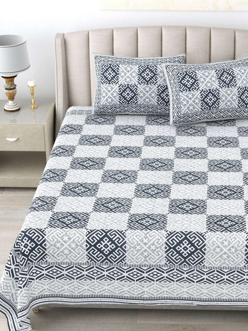 Handmade Cotton Block Print Bedsheet with Pillow Covers – King Size | Indian Ethnic Geometric Design Bedspread | Lightweight Soft Bedding Set (BLACKLUXE CRAFTS) - BLACKLUXECRAFTS