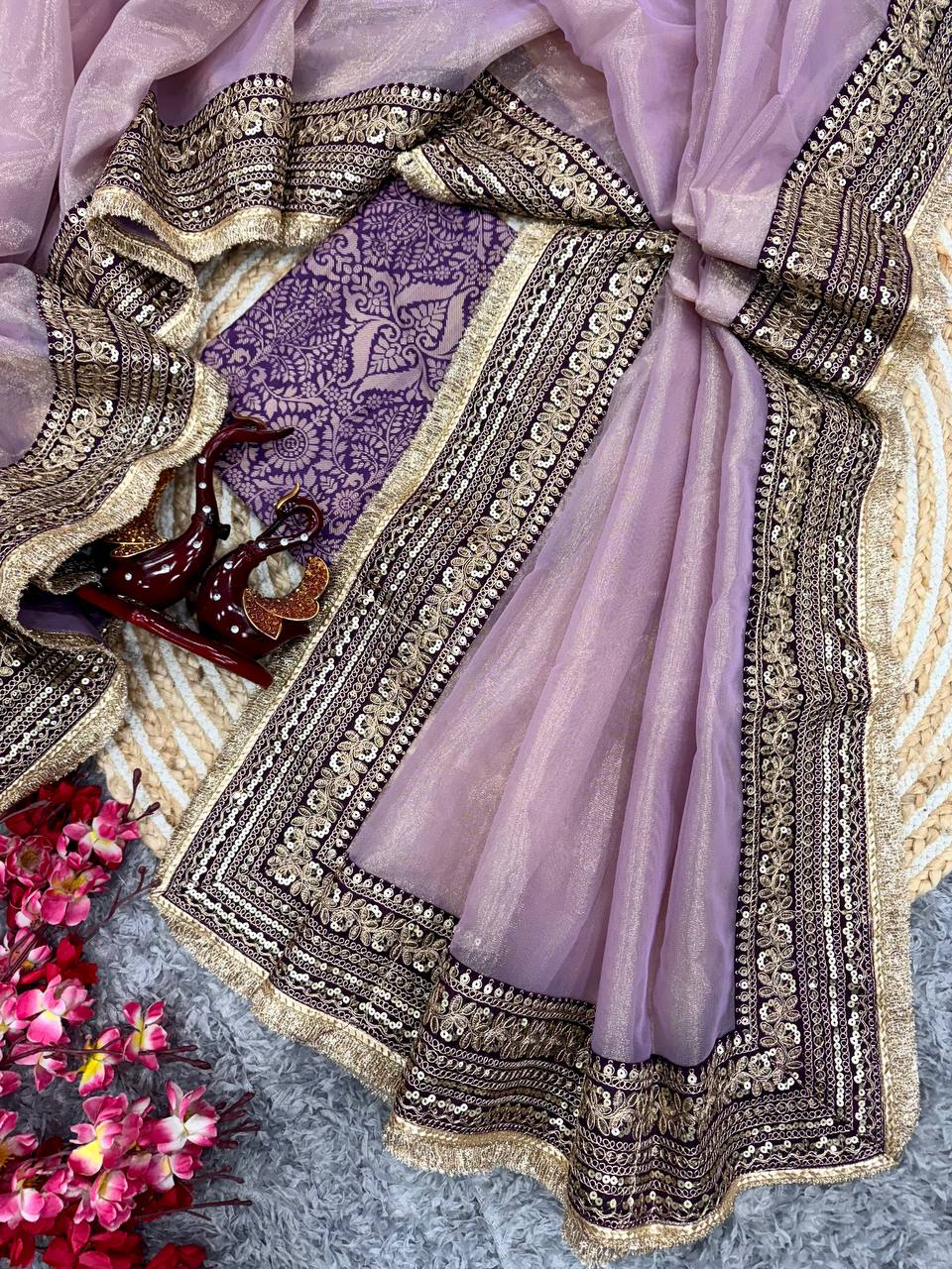 Handmade Designer Banarasi Saree with Zari Border – Elegant Purple & Gold Silk Saree for Wedding & Party Wear | Indian Ethnic Wear (BLACKLUXE CRAFTS)