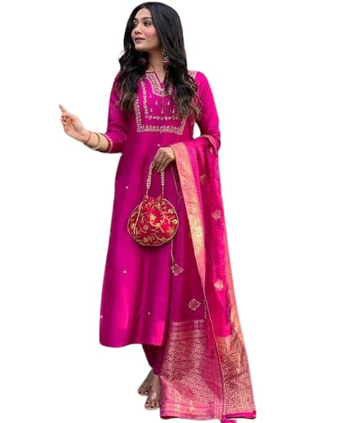 Luxury Fuchsia Pink Embroidered Silk Kurta Set with Dupatta – Indian Ethnic Party Wear for Women (BLACKLUXE CRAFTS) - BLACKLUXECRAFTS