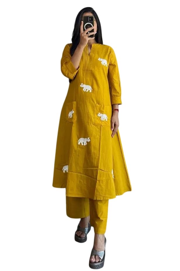Handmade Cotton Kurta Set with Blue Elephant Embroidery – Casual & Office Wear for Women (BLACKLUXE CRAFTS) - BLACKLUXECRAFTS