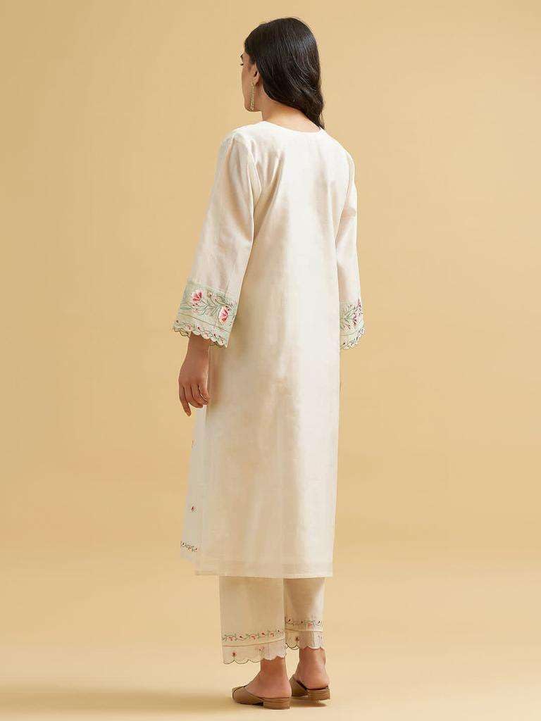 Off-White Embroidered Cotton Kurta Set – Elegant Minimalist Ethnic Wear for Women with Pants (BLACKLUXE CRAFTS) - BLACKLUXECRAFTS