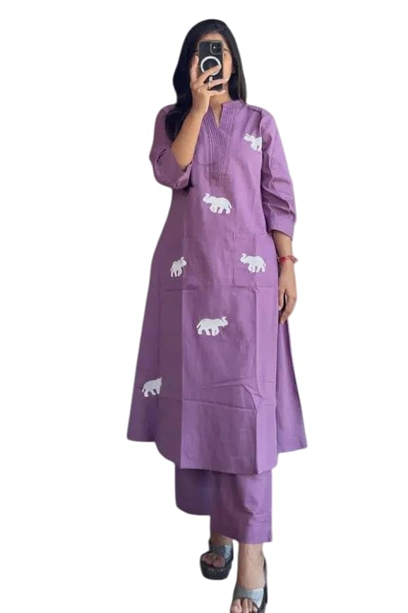 Handmade Cotton Kurta Set with Blue Elephant Embroidery – Casual & Office Wear for Women (BLACKLUXE CRAFTS) - BLACKLUXECRAFTS