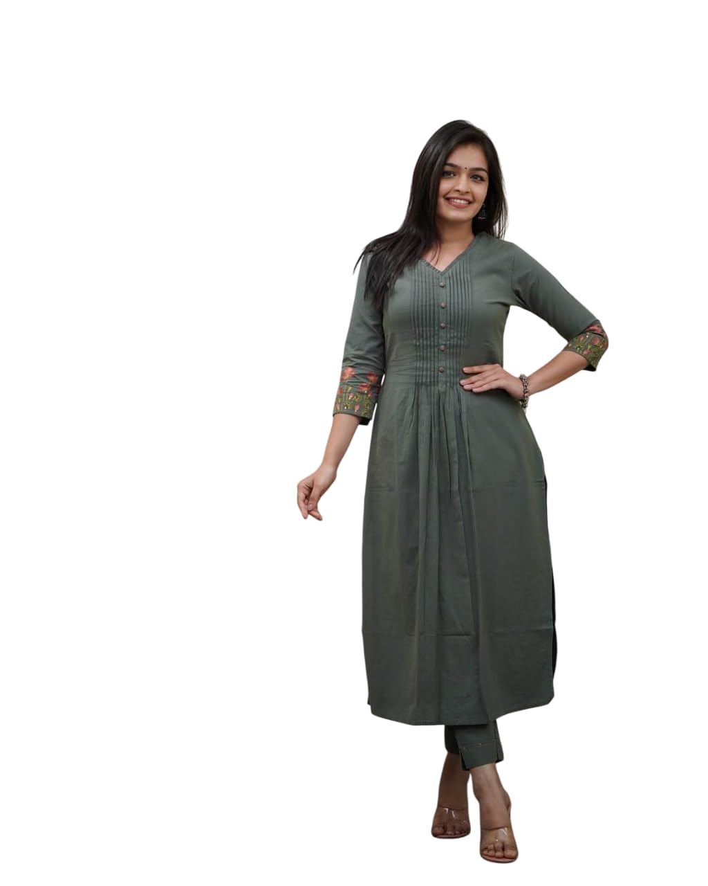 Sage Green Cotton Kurta for Women – Pleated Front with Floral Embroidered Sleeves (BLACKLUXE CRAFTS) - BLACKLUXECRAFTS