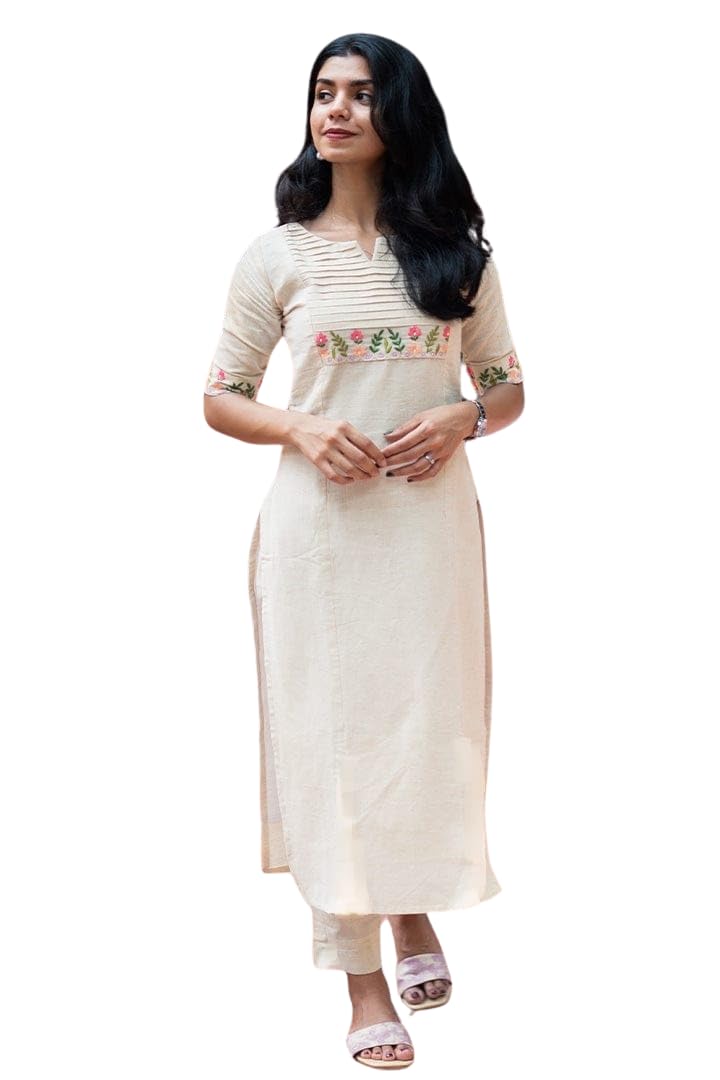 Cotton Kurta Set with Floral Embroidery | Women’s Indian Ethnic Wear | Straight Suit with Pants (BLACKLUXECRAFTS) - BLACKLUXECRAFTS