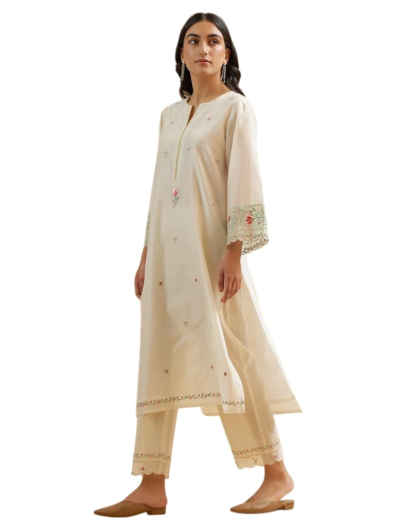 Off-White Embroidered Cotton Kurta Set – Elegant Minimalist Ethnic Wear for Women with Pants (BLACKLUXE CRAFTS) - BLACKLUXECRAFTS