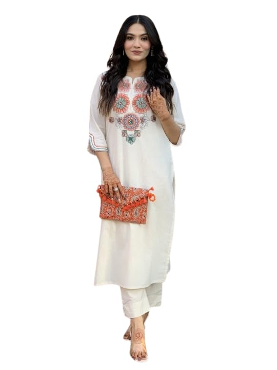 Elegant White Embroidered Kurta Set for Women | Ethnic Cotton Outfit with Pants | Summer Festive & Casual Wear (BLACKLUXE CRAFTS) - BLACKLUXECRAFTS