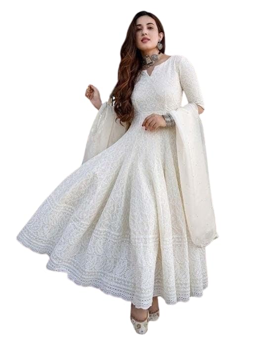 White Embroidered Anarkali Gown with Dupatta | Women’s Indian Wedding & Party Wear Ethnic Dress (BLACKLUXE CRAFTS) - BLACKLUXECRAFTS