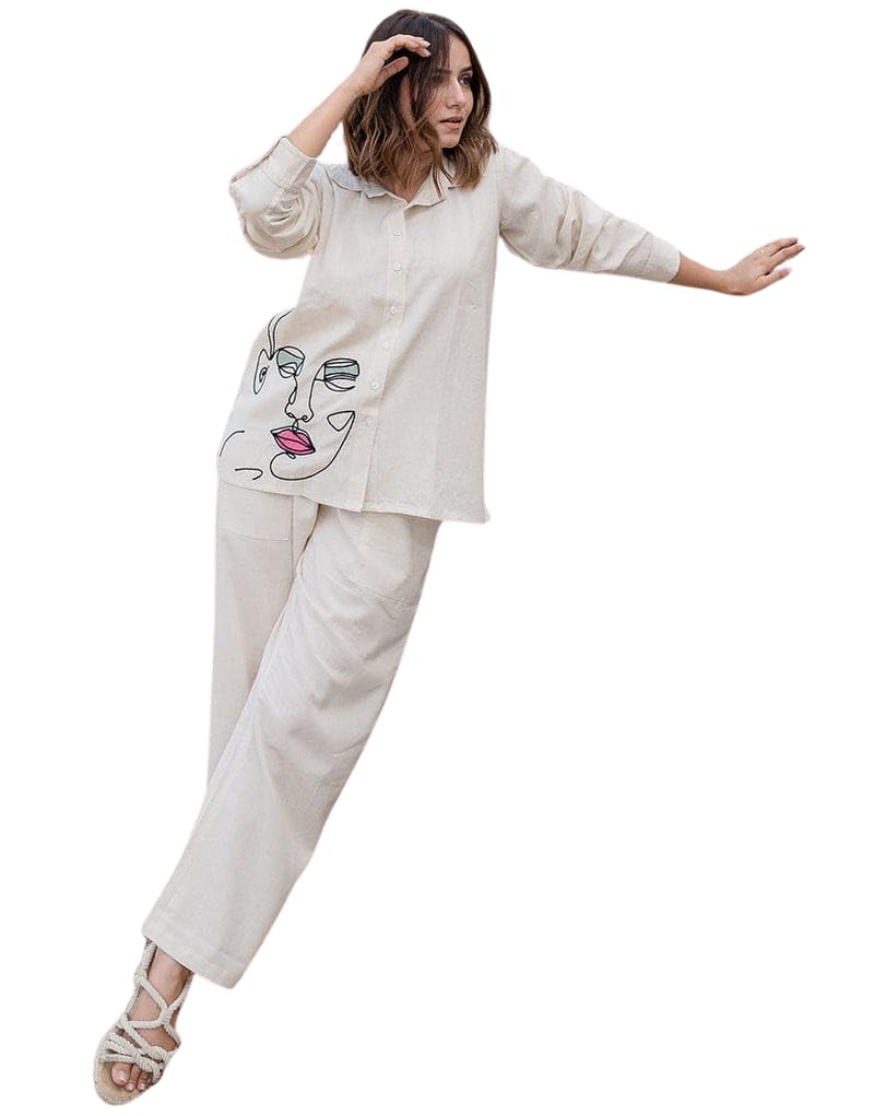 Women’s Off-White Cotton Co-Ord Set – Long Sleeve Shirt with Abstract Face Print & Straight Pants (BLACKLUXE CRAFTS) - BLACKLUXECRAFTS