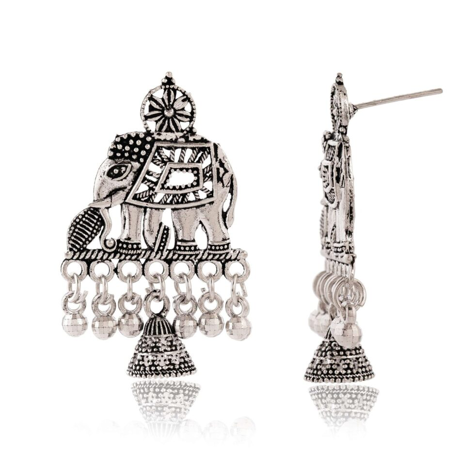 Oxidized Silver Elephant Design Jhumka Earrings Handcrafted Ethnic Indian Jewelry for Women (BLACKLUXE CRAFTS) - BLACKLUXECRAFTS